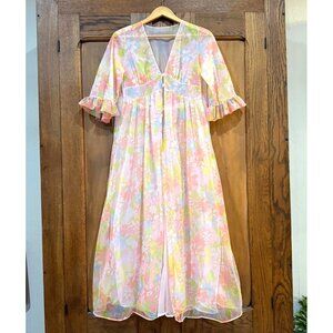 Size S vintage pastel floral robe piegnoir pastel sheer chiffon ruffle short sle